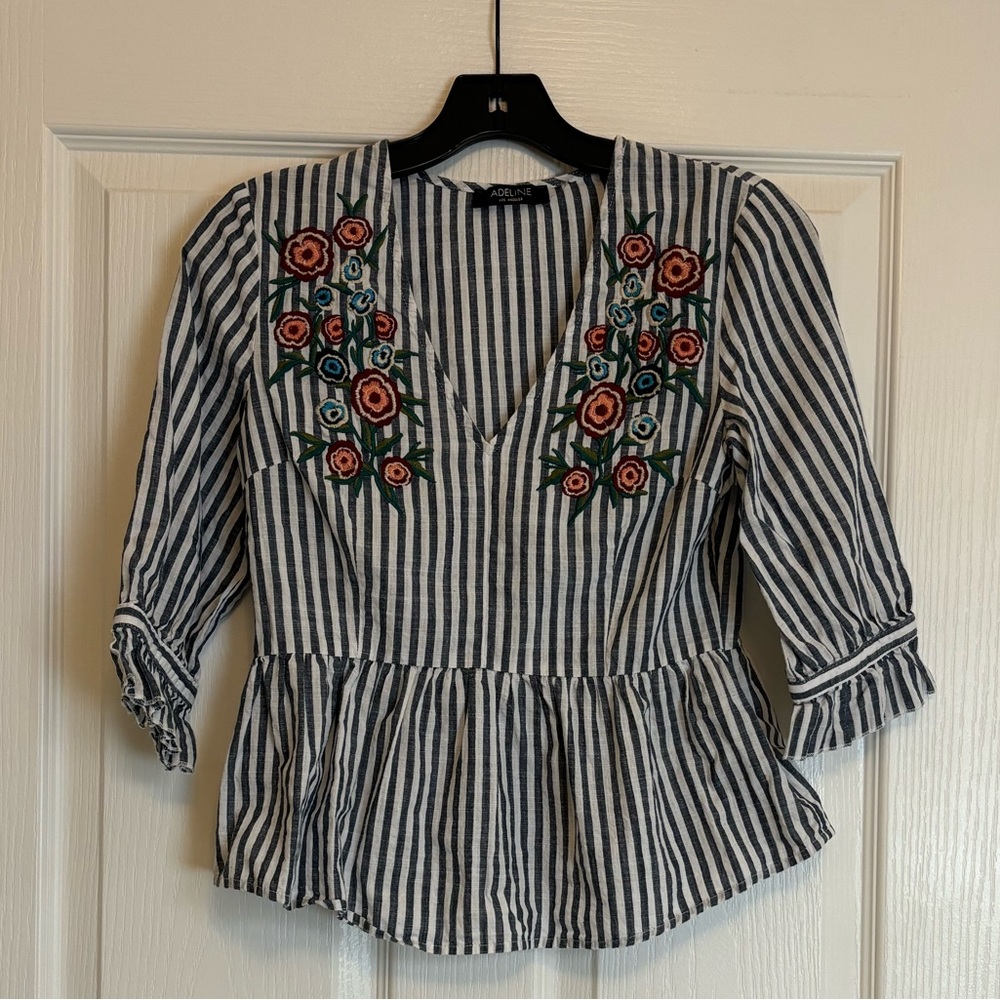 ADELINE Blue and White Striped Blouse with Floral Embroidery - Picture 2 of 12